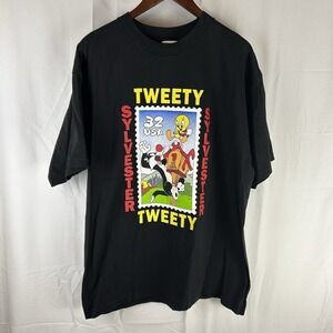 Vintage Looney‎ Tunes T-Shirt Mens L Black Stamp Graphic Tweety Bird Sylvester